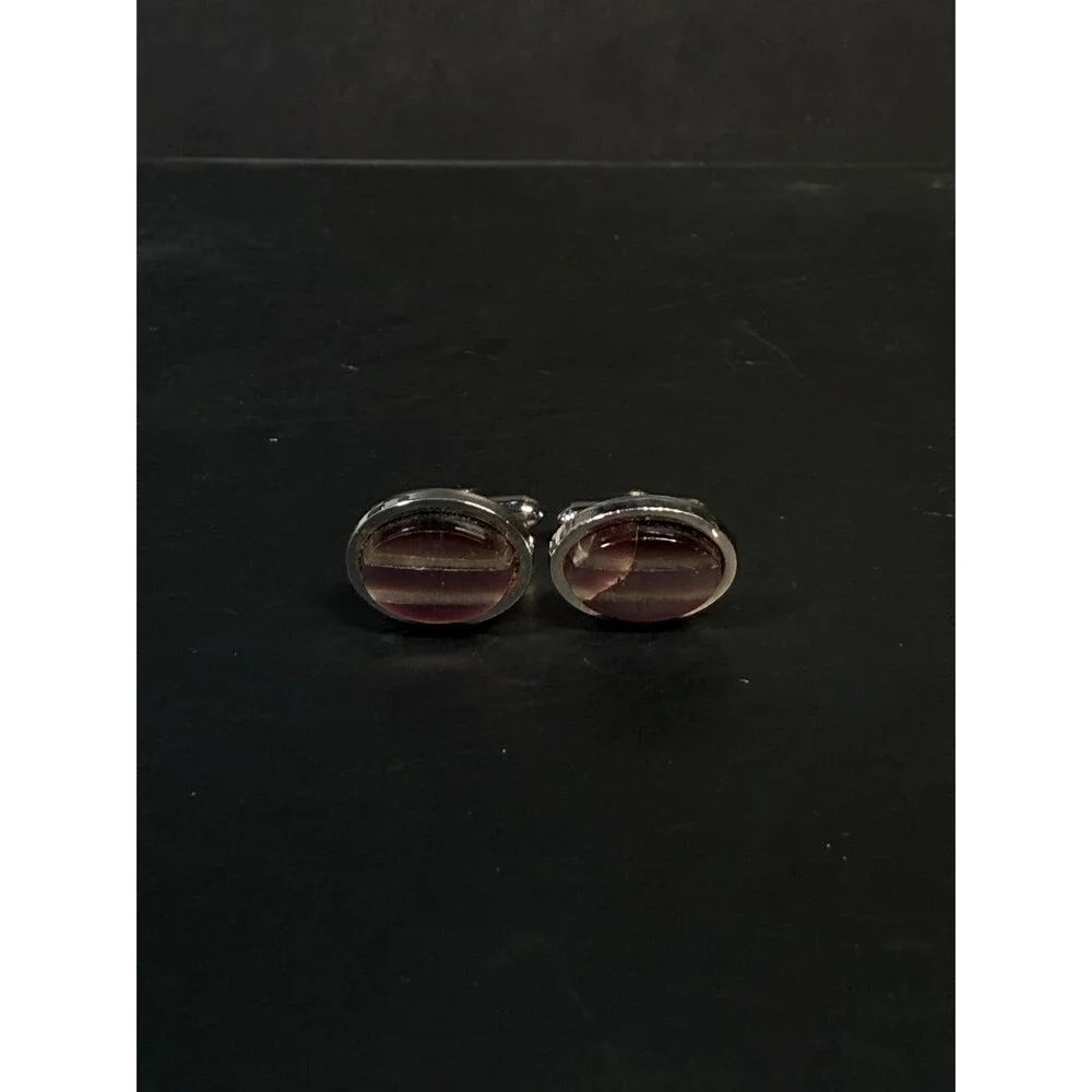 Vintage WEH Sterling Silver Cufflinks Rhodium Plated Pink Glass Stone Set AS IS